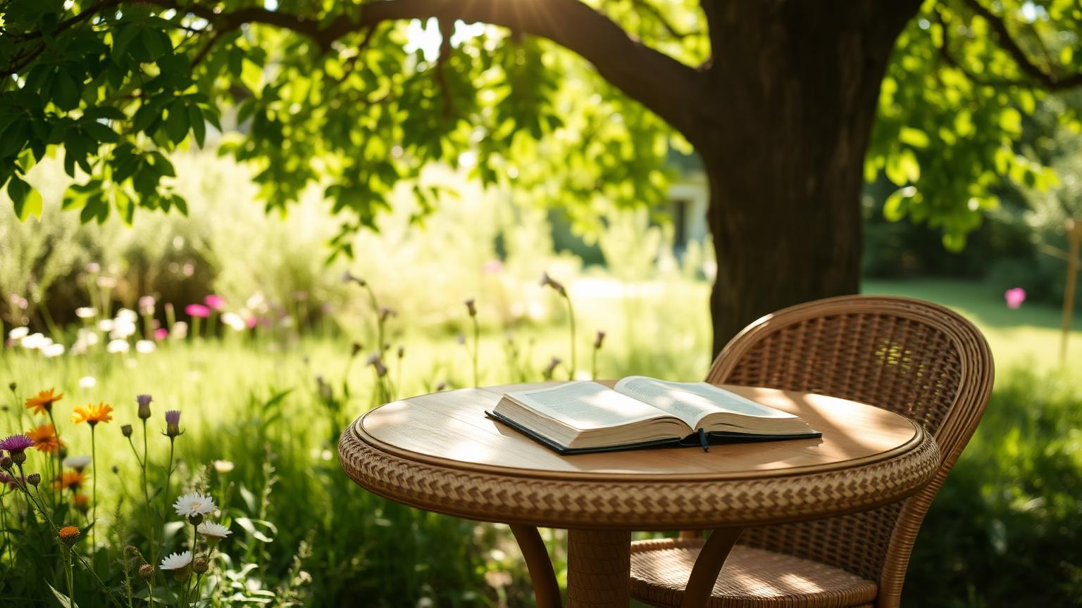 An open Bible on a garden table under a tree in dappled summer light